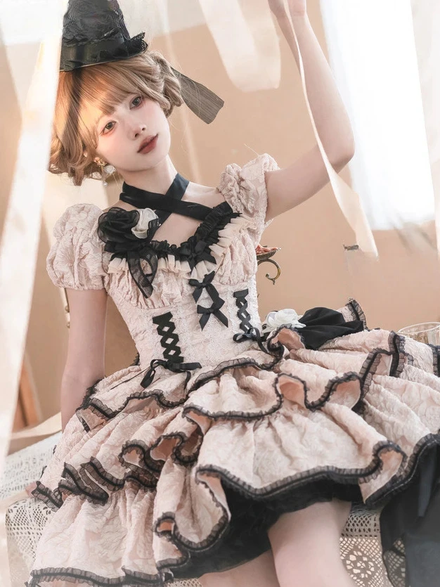 Abito Lolita quotidiano per donna Dolce giapponese Op Generare abiti da ballo di colore Mini abito sexy Y2K con lacci incrociati carini