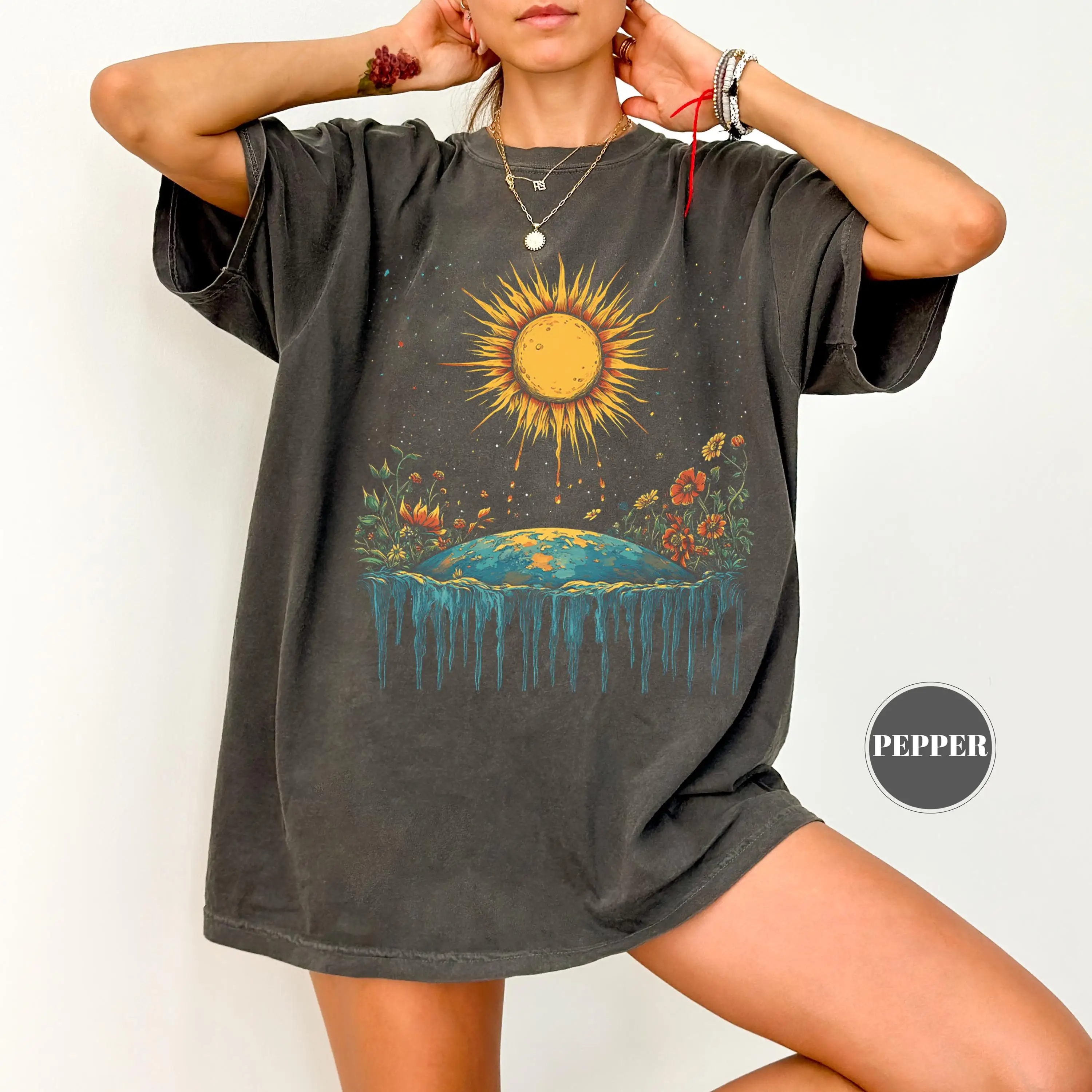 

Plus Size Women's Boho Floral Golden Sun T-Shirt Pure Cotton Breathable Stylish Versatile Street Style Streetwear Oversized