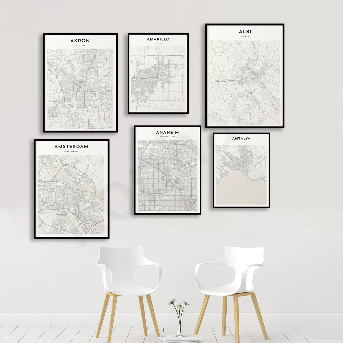 Antalya Anchorage Anaheim Amsterdam Amarillo Alexandria Albuquerque Albee Akron Los Angeles. City Travel Map Poster