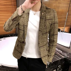 Slim Fit Men's Business Suit Handsome Korean Style Checkered Linen No-Ironing One-Button M-4XL High-Quality Younger Audience