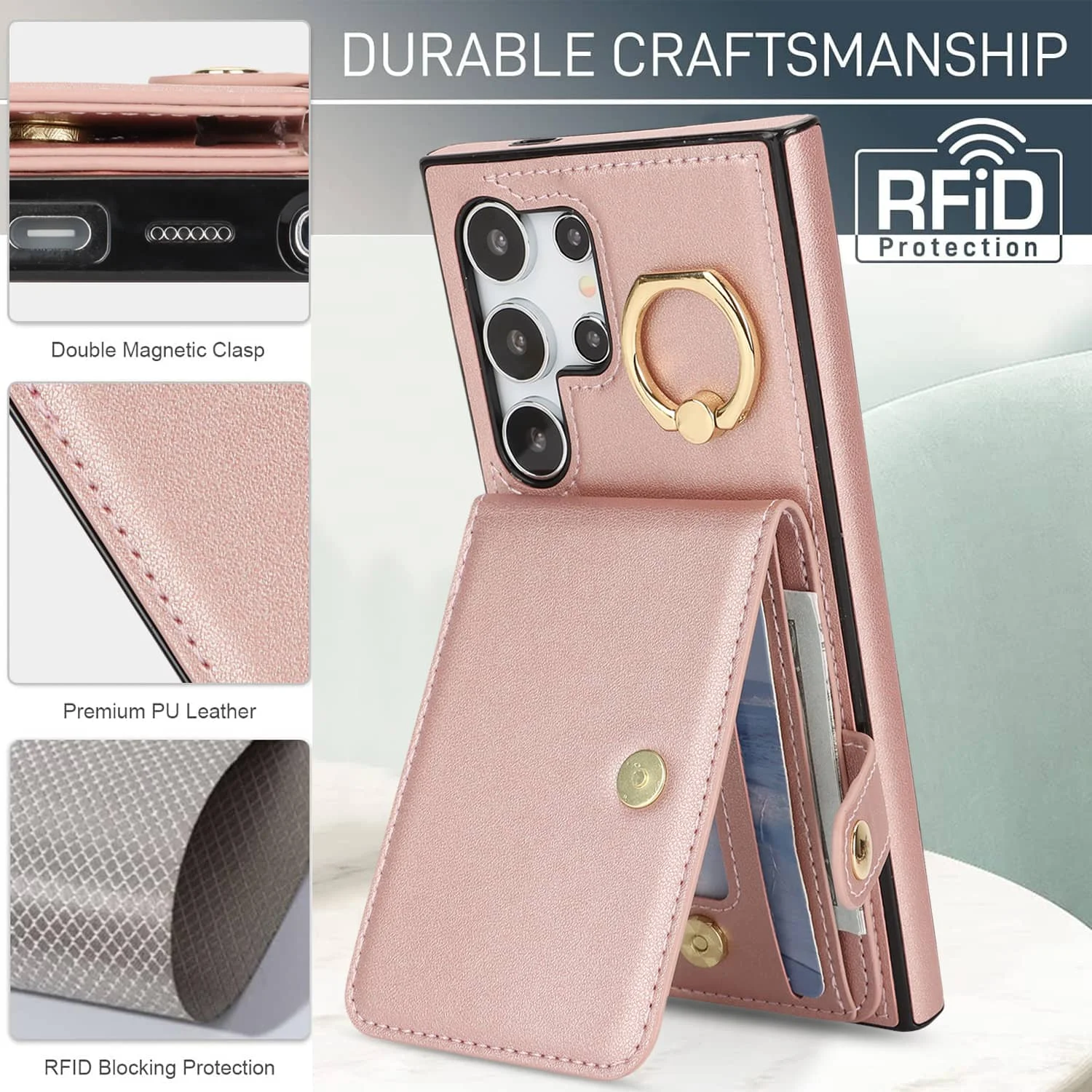 für Samsung Galaxy S26/S25/S24/S23/S22 Ultra/S23 FE/Note 20 Ultra: Handyhülle mit Kartenfach, Flip-Folio-Buch-Design, PU-Leder-Cover. – Detail 5