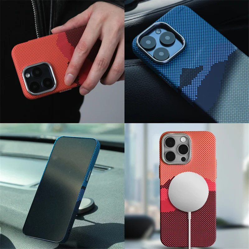 Alloy Lens frame Pixel Mountains Relief Magsafe case for iPhone 15Pro 13 14 15Pro Max Matte Wireless Charging Hard PC Cover