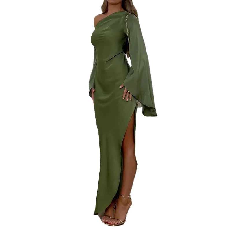 Green Asymmetrical Slim Women Robe Dress Sexy Off Shoulder Long Sleeved Party Dress 2024 Autumn Elegant Side Split A-line Dress