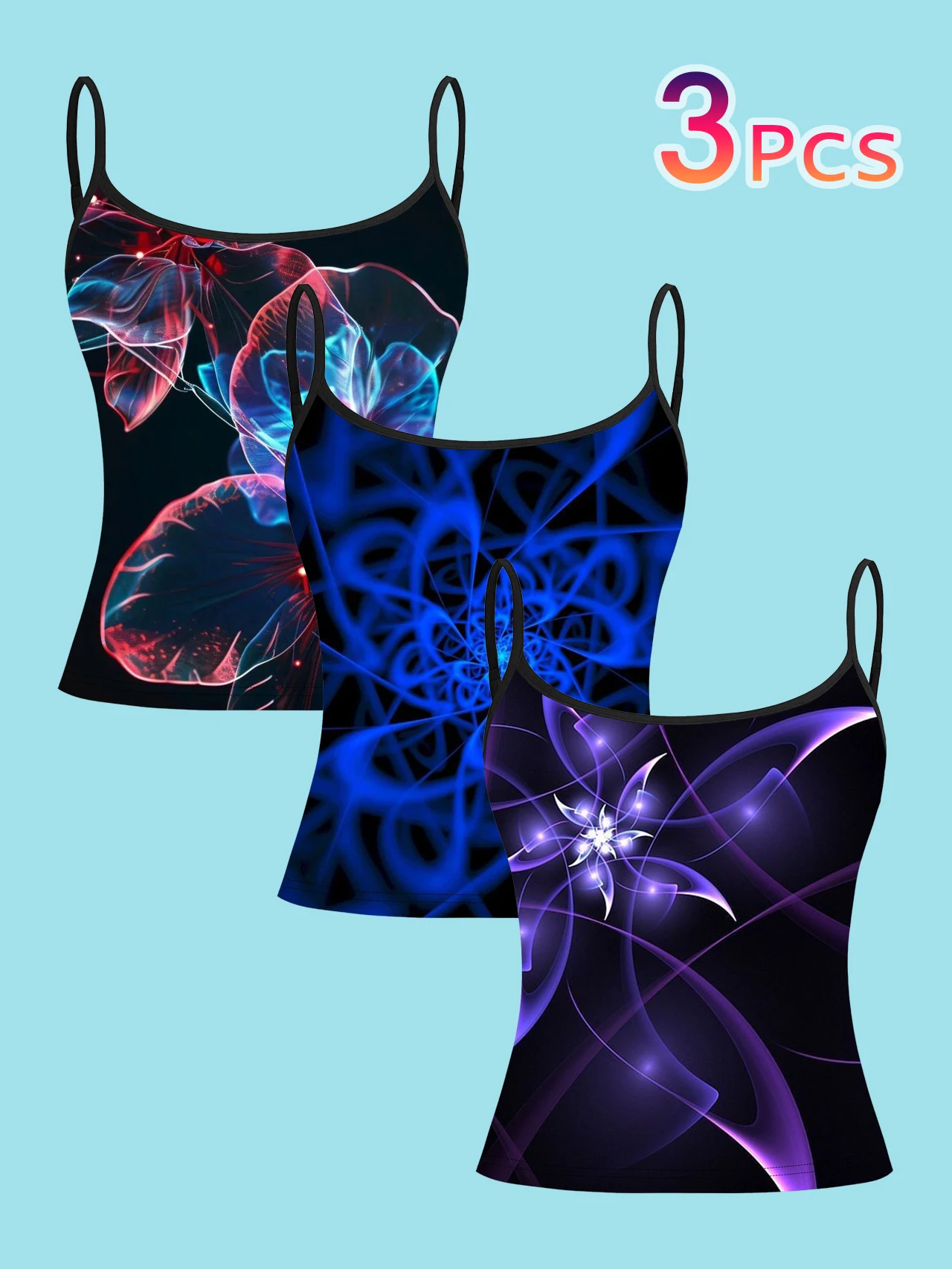 3-Pack Women's Neon Kaleidoscope Print Camisole, Cyber Style Luminous Pattern Slim-Fit Spaghetti Strap Sleeveless Base Top