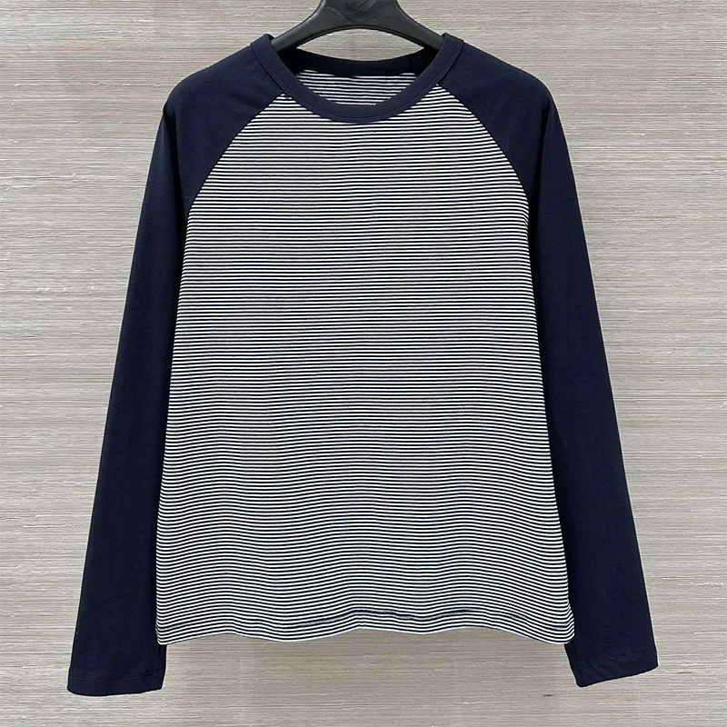 

Высококачественная женская разноцветная полосатая футболка с длинными рукавами и круглым вырезом 2593050.