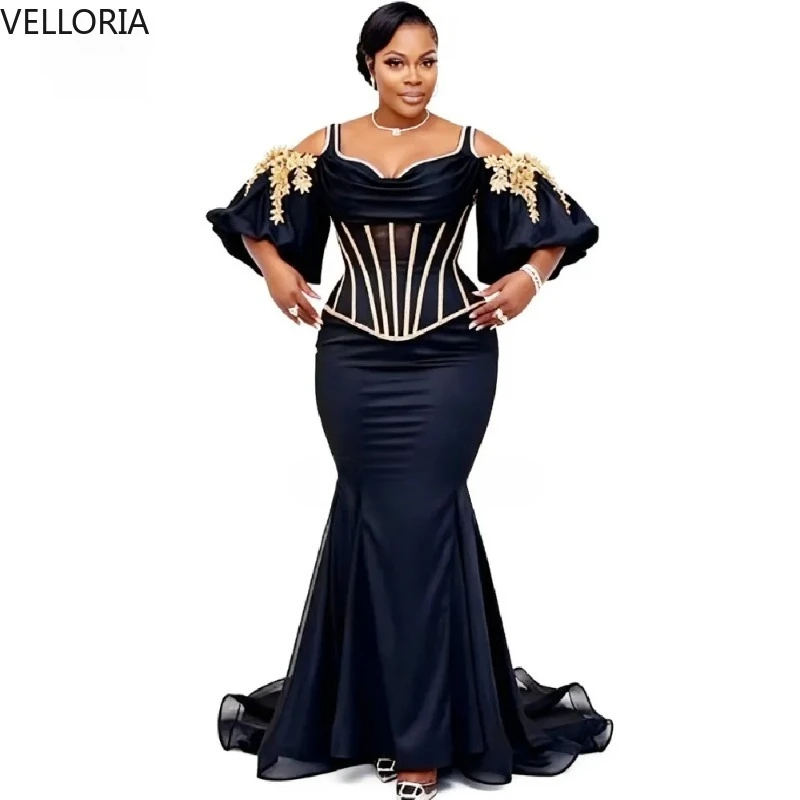 

Charming Black Plus Size Evening Dress With Gold Lace Elegant Black Girls Mermaid Prom Dress Short Sleeve Party Gowns Customized