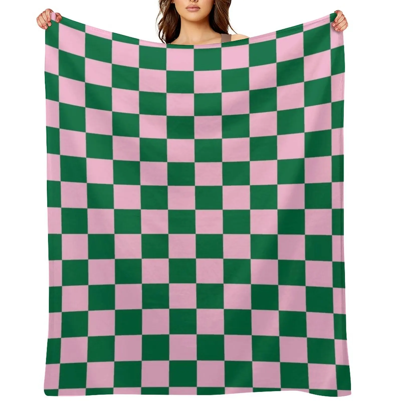 

Cotton Candy Pink and Cadmium Green Checkerboard Throw Blanket bed plaid Luxury Designer Thins Blankets