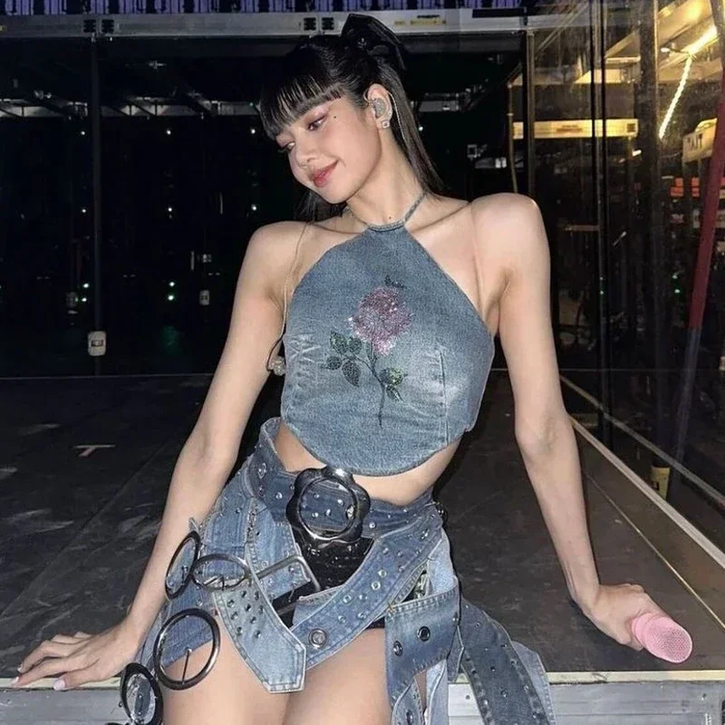 Kpop الكورية المغني الحفل غير النظامية حزام الدنيم تنورة المرأة ملابس رقص الجاز المرحلة الزي ملهى ليلي فتاة مرحلة الرقص الملابس