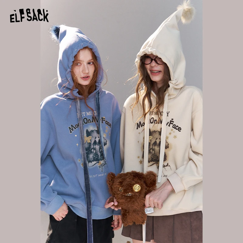 ELFSACK Women's Magic Witch Graphic Hoodie with Star Print, Loose Casual Hooded Sweatshirt, Cozy Long Sleeve Top for Daily