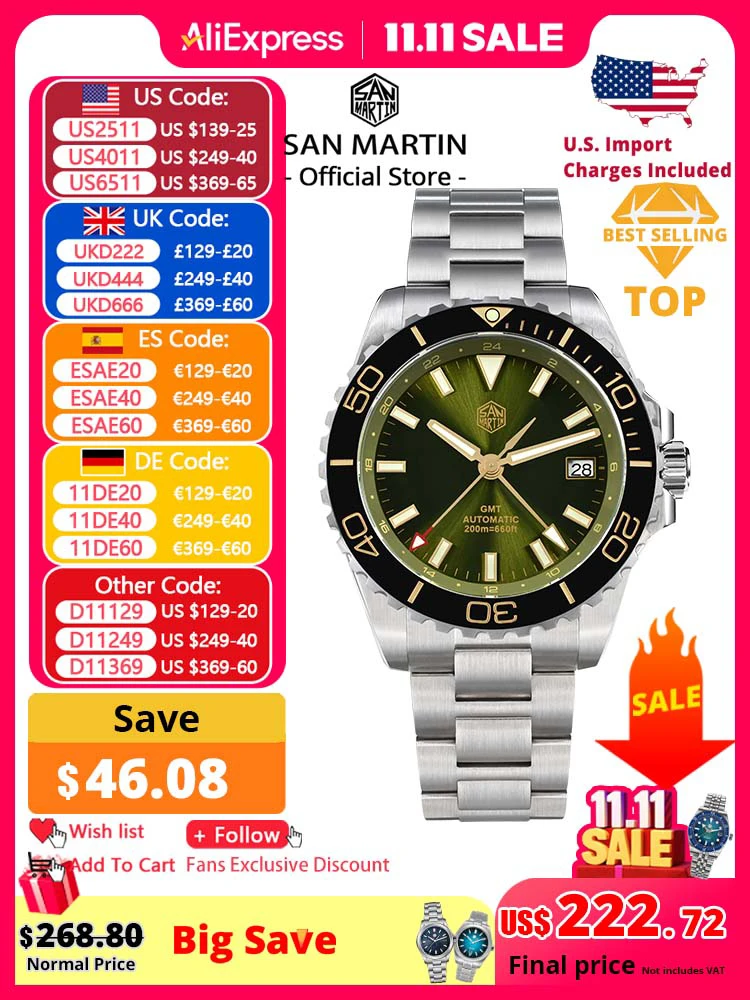ساعة سان مارتن 39 ملم غواص بتوقيت جرينتش مينا NH34 من الفولاذ المقاوم للصدأ ساعة رجالية فاخرة أوتوماتيكية ميكانيكية ياقوت مضيئة SN0136 #1