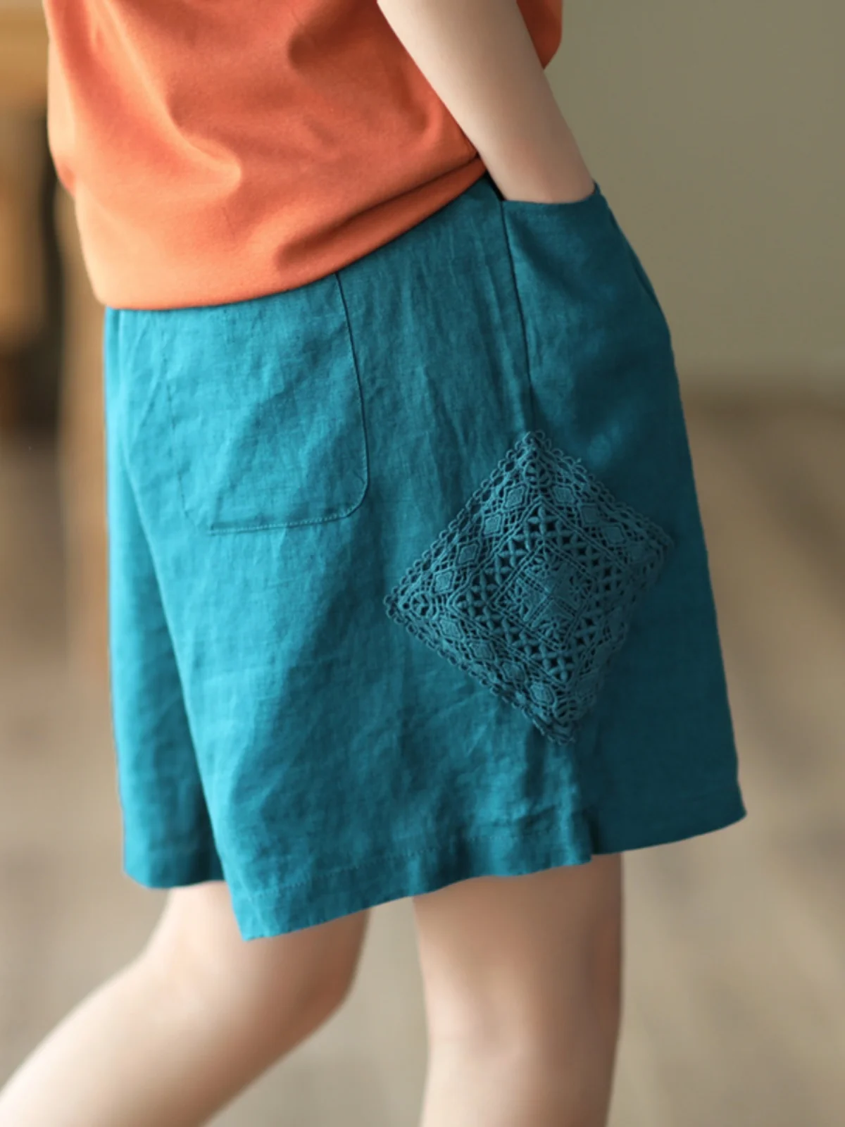 Retro Patchwork Hohl Haken Blume Leinen Breite Bein Hosen Frauen Sommer Belted Elastische Taille Lose Fit Casual orts