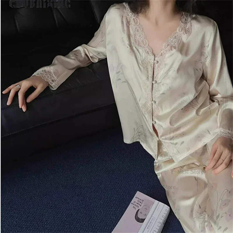 

Женская одежда для сна с кружевной отделкой во французском стиле, элегантный пижамный комплект с принтом, топ из 2 предметов, брюки, домашняя одежда с длинными рукавами, домашняя одежда, одежда для сна