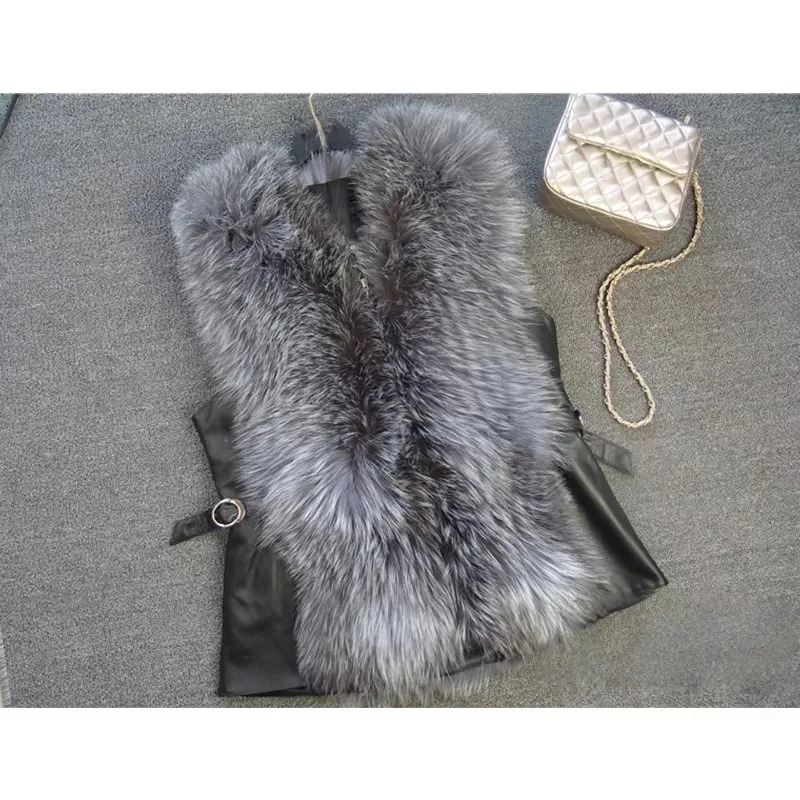 

Silver Fox Fur Vest Real Fur Vest With Leather Women Winter Fox Fur Gilet New Fashion Luxury Womens Clothing
