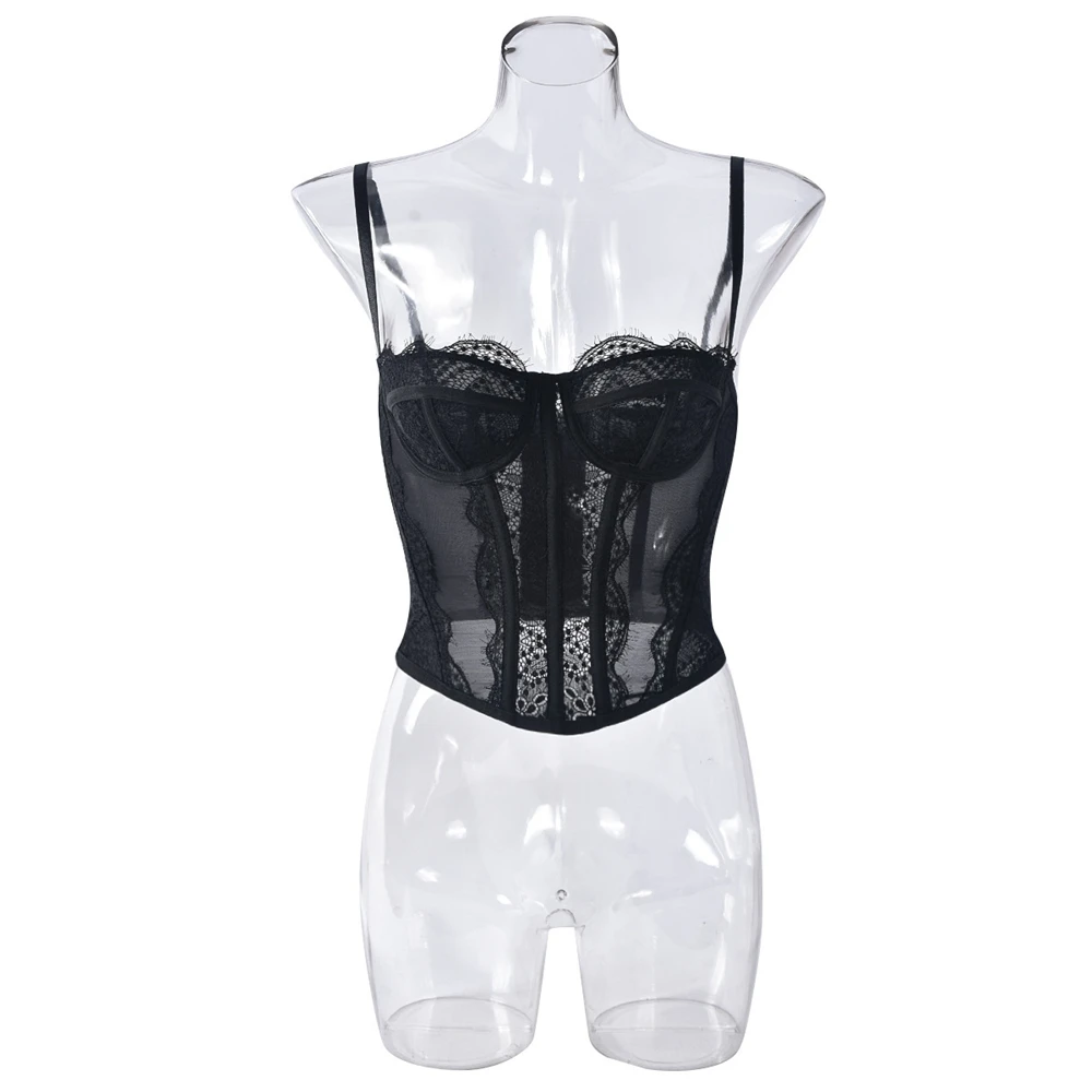 Sexy Lace Fish Bone Corset Mesh Bustier Tops for Women Black Lace Corset Spaghetti Strap Going Out Crop Top Camisole