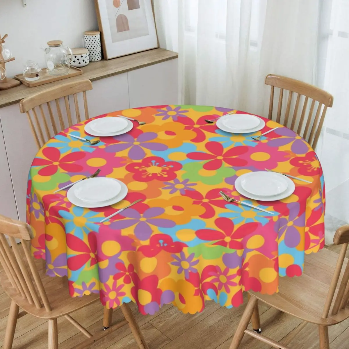 Custom Round Colorful Hippie Flower Power Seamless Pattern Tablecloth Waterproof Oil-Proof Table Covers 60 inches Table Cloth