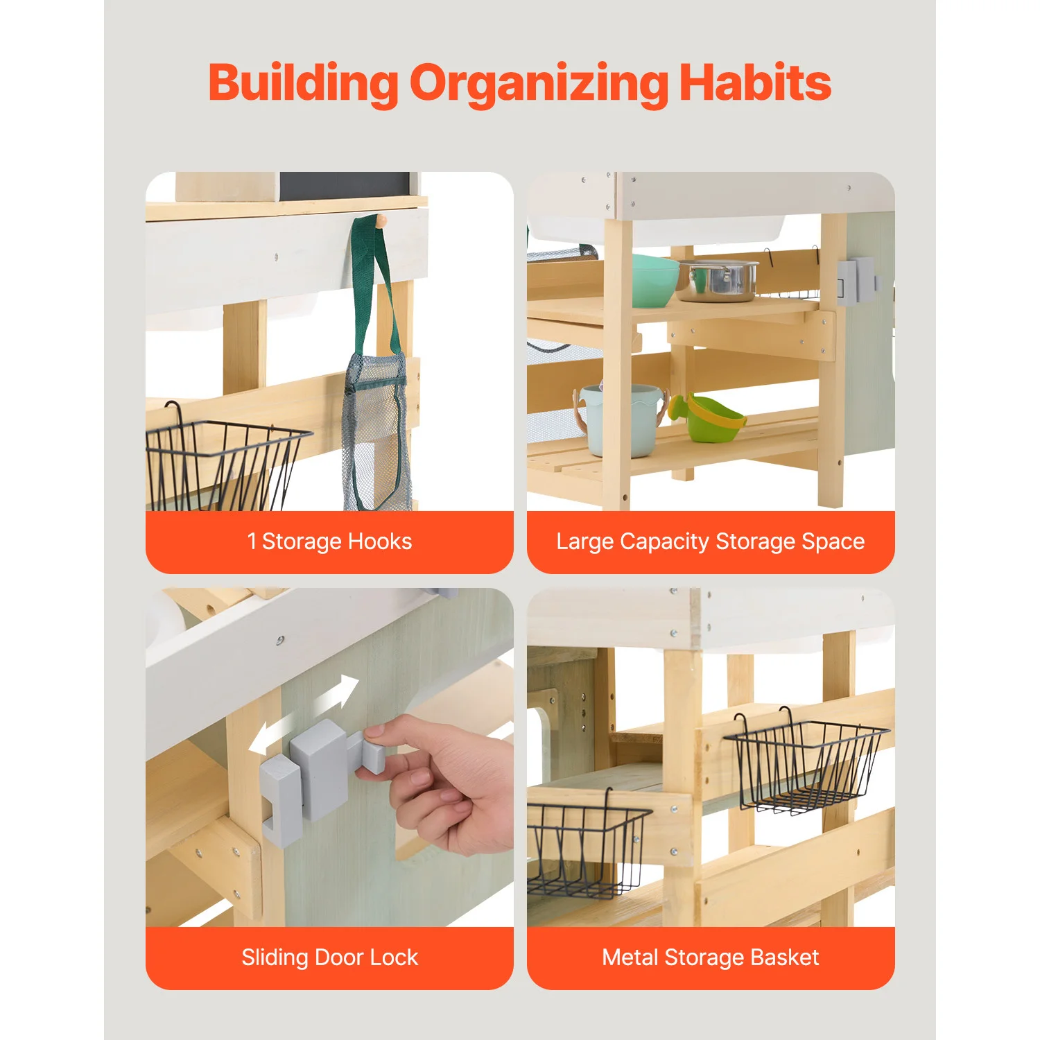 SucceBuy Children Wooden Mud Kitchen Toy Toddler Outdoor Play Kitchen Set with Stoves Faucet & Cookware Pots for Kids Gifts