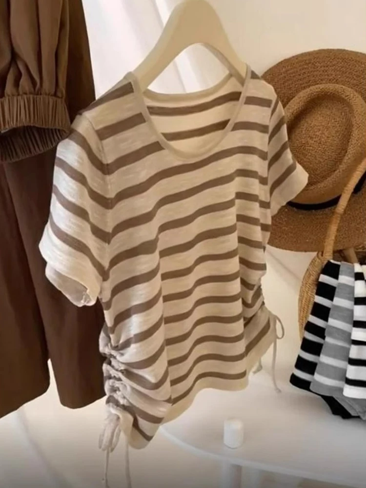 Ele Unique Slimming ort Sve Round Ne Gestreiftes Top Dünnes Design Damen T-Shirt Bequem Lässig Koreanisch Sle