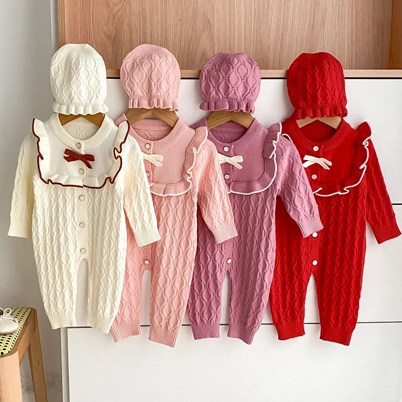 جديد خريف 2025 0-24 متر ملابس الأطفال المحبوكة الرضع طفل الفتيات محبوك بذلة + قبعة طفل رضيع فتاة محبوك رومبير