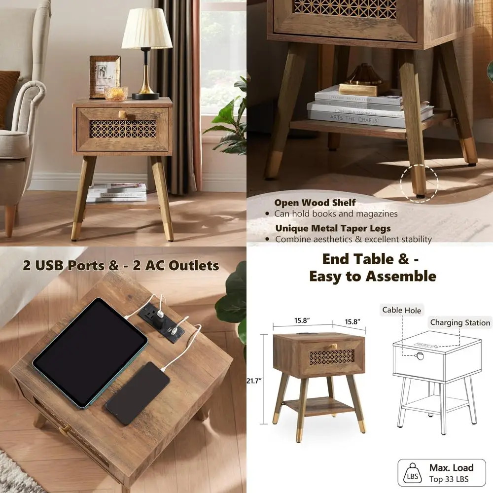 

Mid Century Modern Living Room Side Table with Charging Station, USB Ports, Outlets, Wooden Nightstand for Contemporary Home Dec