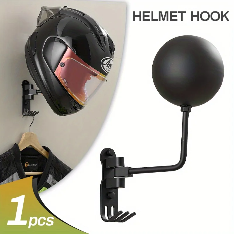 

180 ° Регулируемая стойка для мотоциклетного шлема, настенное крепление, вертикальная | Сверхмощное хранилище с 3 крючками для шлемов, кепок, пальто, без сверления