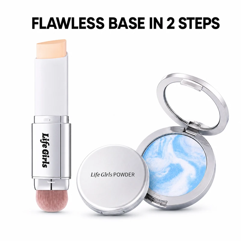 LIFE GIRLS 2PCS Foundation Stick and Setting Powder Compact Makeup Set Buildable Full Coverage Concealer Base with a Built-In Brush, Soft Focus Oil Control Pressed Powder, Long Lasting Water-Resistant Lightweight Natural Matte Finish Face Makeup Travel Ki