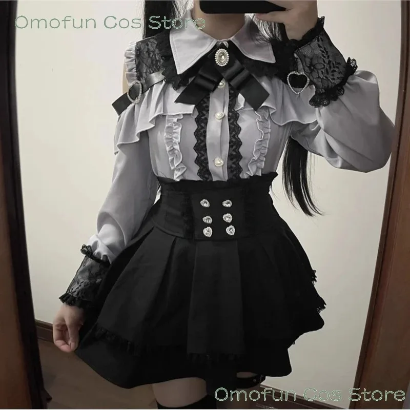 2025 aaa 일본식 지라이케이 의상 로리타 소녀 블라우스 탑 여성용 귀여운 리본 블랙 스커트 셔츠 긴팔 셔츠 Y2K 스위트 레이디