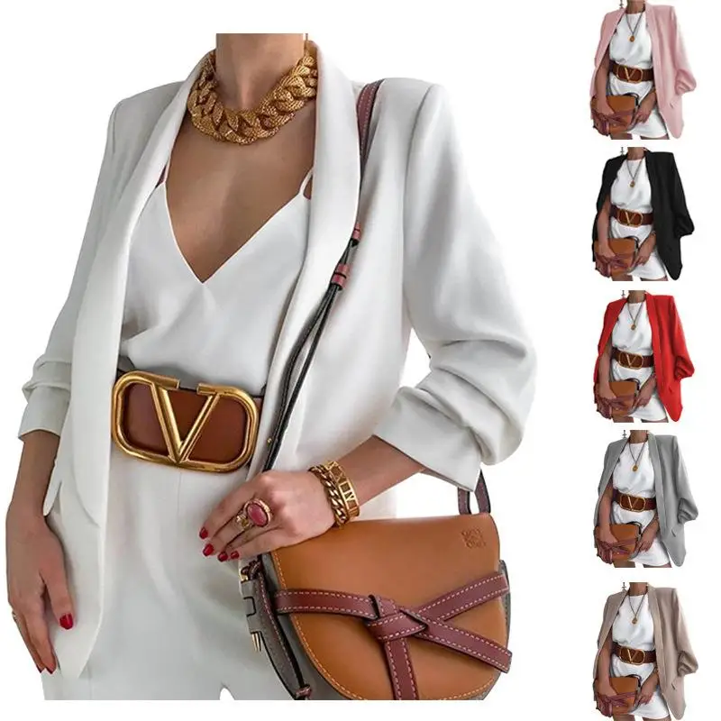 

Ele Women's Buttonl Cardigan Jaet with kets Small Suit Casual Busin Polyester Fiber Long Sve Pure Color