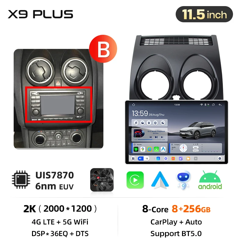 Junsun 9 inch Android 15 autoradio voor Nissan Qashqai J10 2006-2013 draadloos voor Apple CarPlay Auto IPS scherm stereo multimediaspeler automotive slimme intelligente systemen 2 Din autoradio head