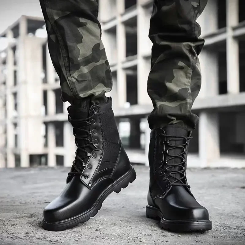 Men's Tactical Combat Boots Men Ultralight Steel Toe Work Safety Boots Breathable High-top Boots Plain Black Men Shoes