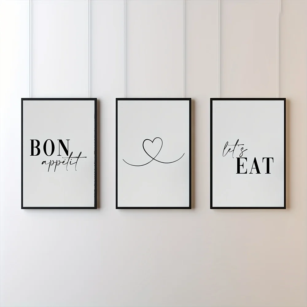 （Noframe 3PCS)-2D Flat, 2D Flat, A Set of 3 Kitchen Prints, Bon Appétit, Let'S Eat Wall Art, Unframed Kitchen, Dining Room Po