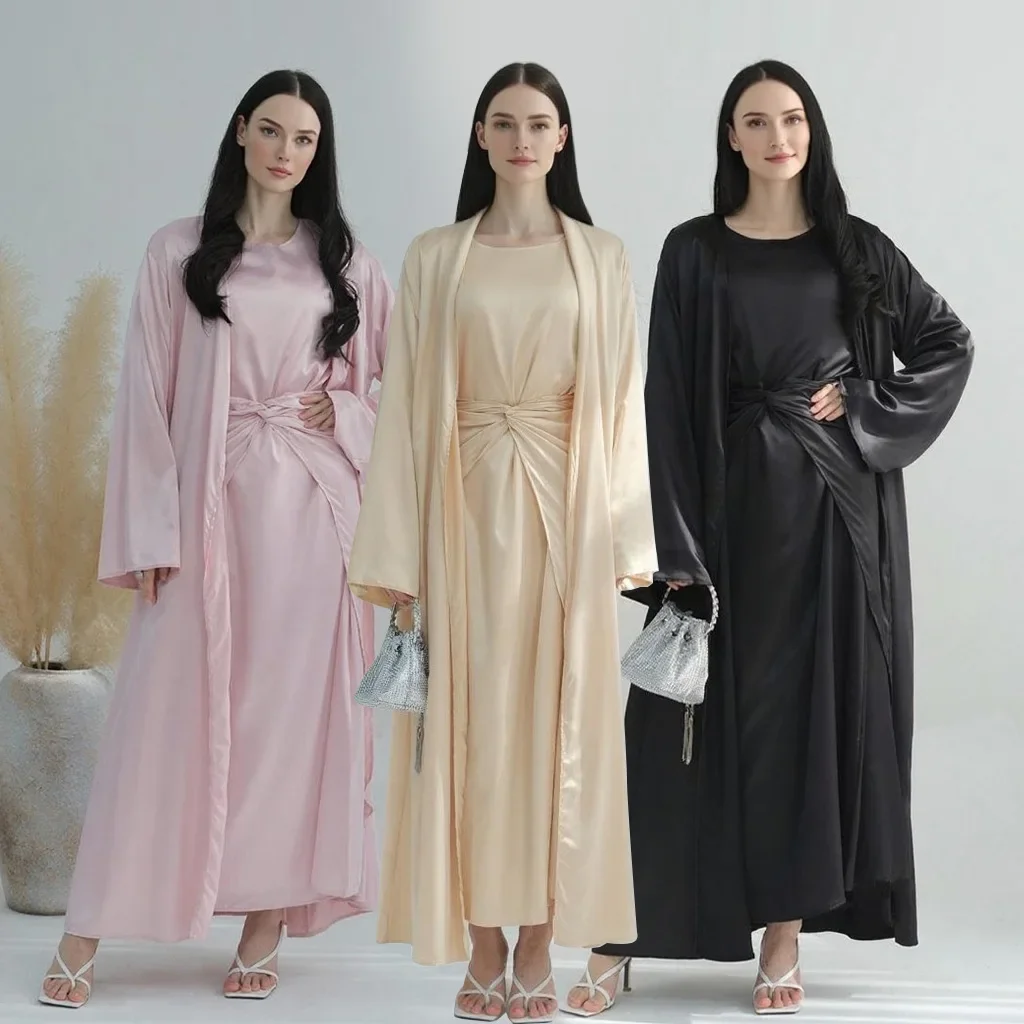 Moyen-Orient couleur unie femmes musulmanes turquie dubaï trois pièces ensemble Abaya Robe