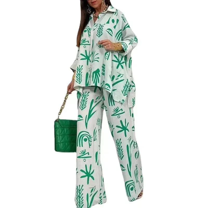 Conjunto feminino de calças largas de duas peças, manga comprida, camisa de botão, roupas femininas casuais, terno de primavera e outono, 2022