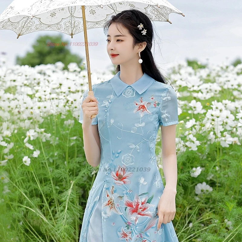 2025 vietnam traditional dress aodai improved cheongsam national flower print banquet qipao dress oriental evening dress vestido