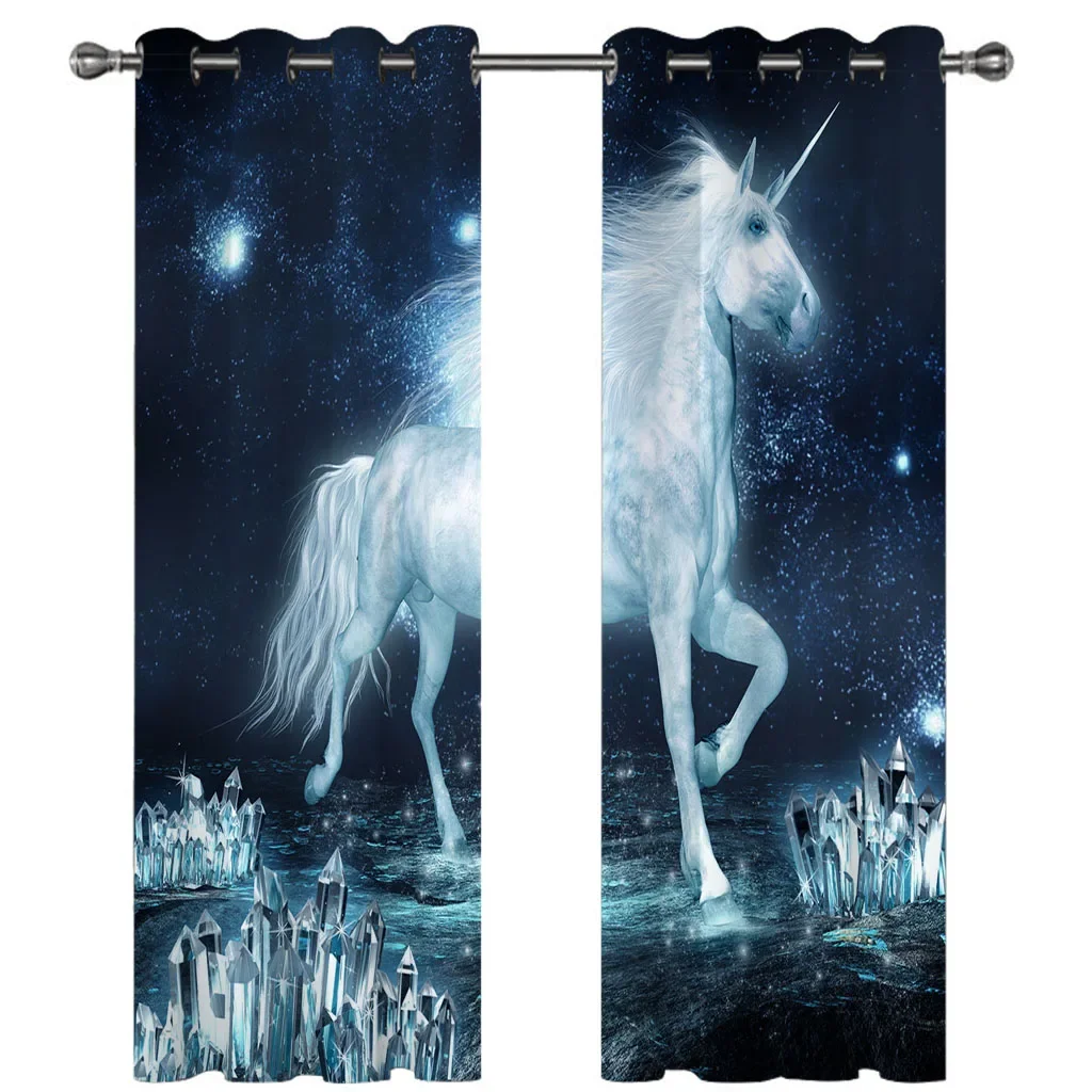 HUANZHUANG Curtains For Living Room Bedroom Window Drapes, Grommet Curtain Sets, Home Decor 2 Panel Print Curtains White Horse S