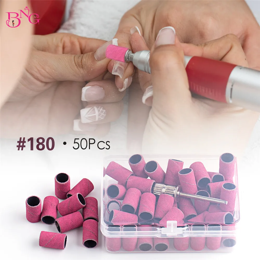 BNG 50 Pieces Large Nail Sanding Bands with Mandrel Bit Professional Nail Manicure Great Fit for Nail Drill Bit for Acrylic Nail