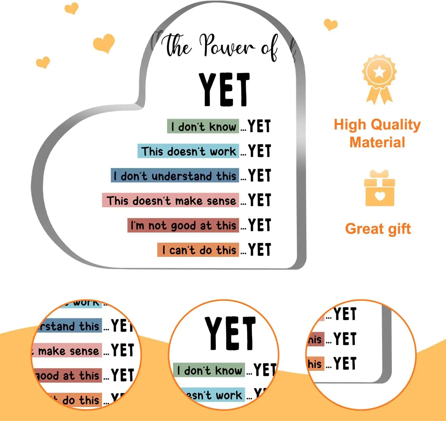 The power of yet,Growth mindset sign, Acrylic Heart Keepsake,Therapy Office Decor,Counselor office decor, mental health sign