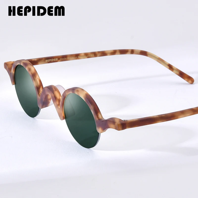 HEPIDEM Matte Acetate Polarized Sunglasses Women 2024 Retro Semi Rimless Round Sun Glasses UV400 Men Shades Sunglasses H9281T