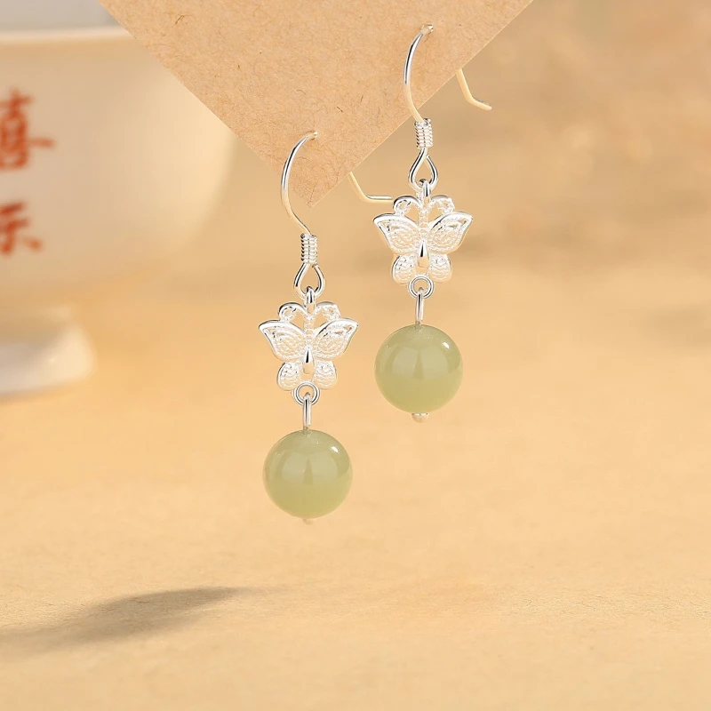 

Natural Hotan Jade Butterfly Shaped Women's Ear Hook Antique Jewelry