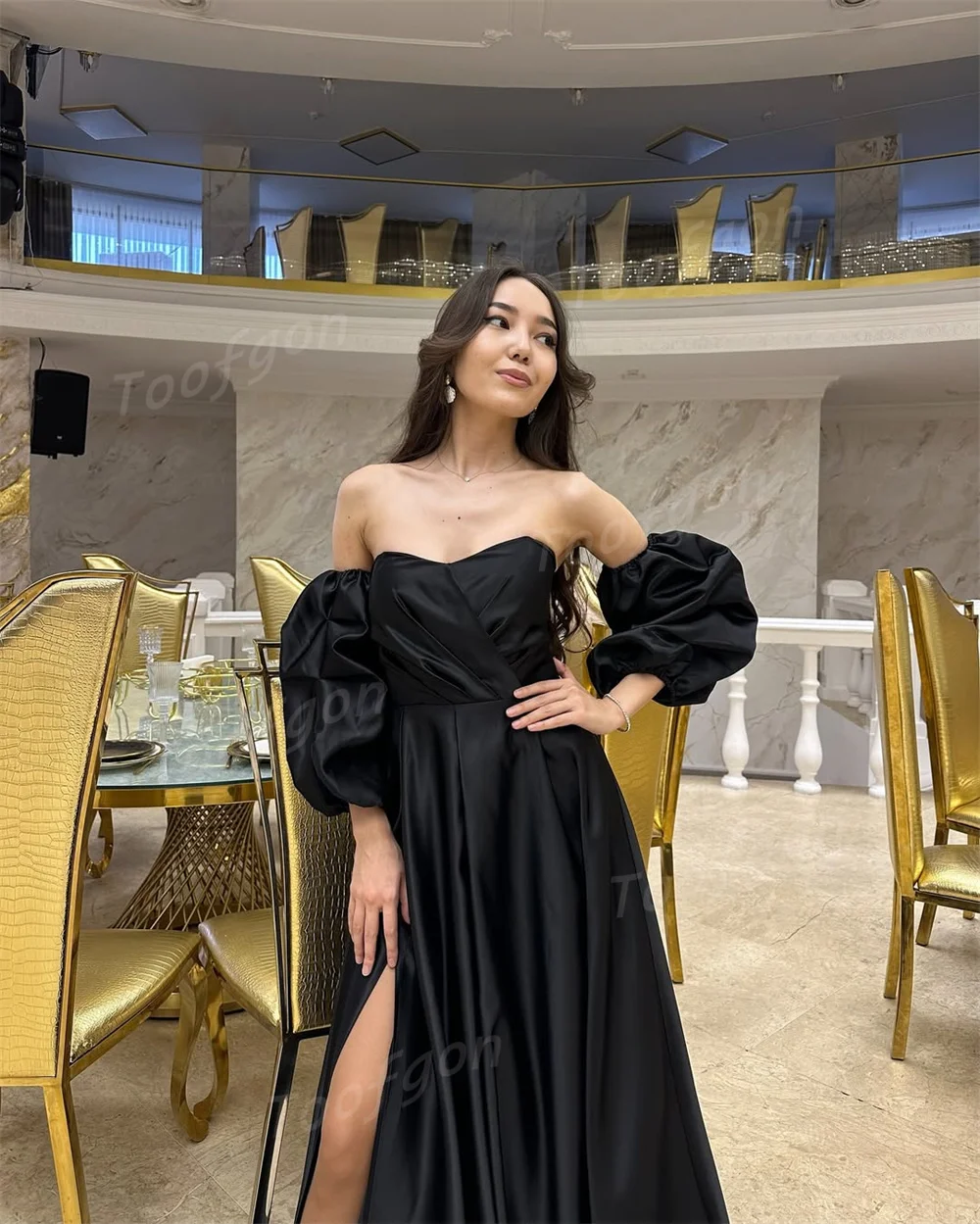 Toofgon الساتان الأسود ألف خط فساتين لحضور الحفلات الموسيقية انفصال كم قصير مشد ثوب مسائي رسمي مخصص المرأة فستان الحفلات الخاصة