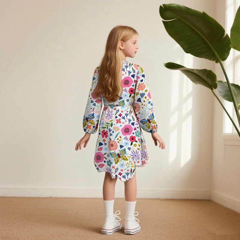 2025 New Girls' Floral Butterfly Print Long Sleeve Dress - Cute Casual A-shaped Dress, Kids Clothing Suitable for Kids&Toddlers