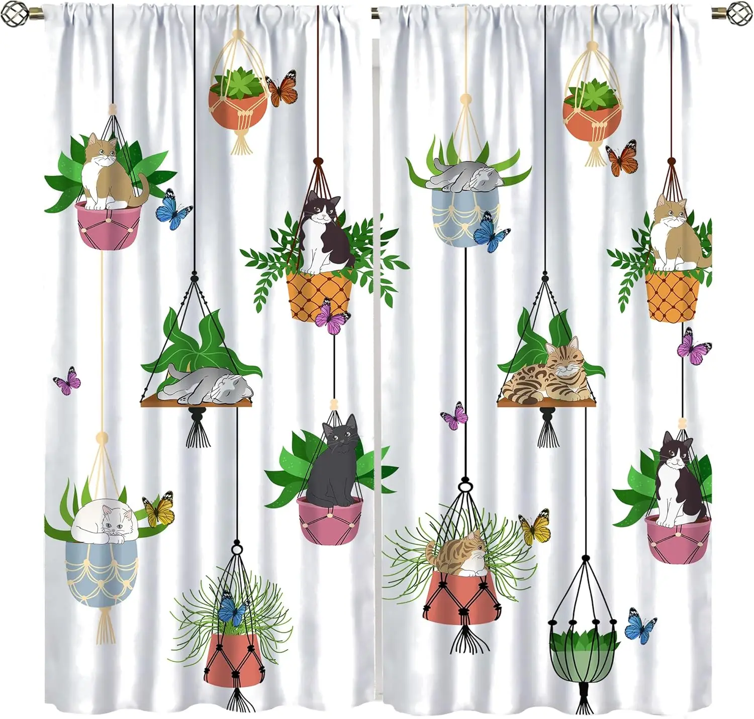 Cat Curtains,Rustic Farmhouse Hanging Potted Plants Blacketplants Kitty Cute Lovely Cats Botanical Printed Sage Green Windows