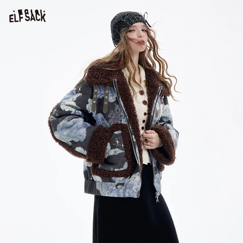

ELFSACK 2025 Winter New Arrivals Y2K Delicate Floral Graphic Furry Cuff Lapel Coat For Women