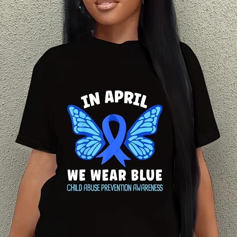 In April We Wear Blue Child Abuse Prevention Awareness Women's Plus Size T-Shirt 100% Cotton 220g