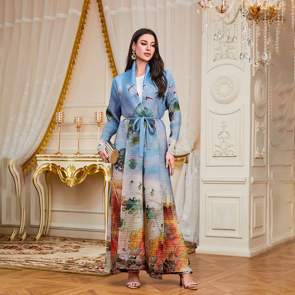Miyake Pleated Women's Trench Coat Abaya Middle East Models Fashion Printing Outer Cloak Loose Large Size Temperament Long Robe