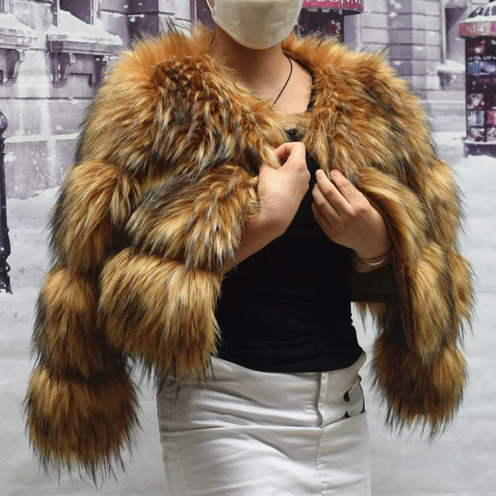 Women's Premium Faux Fox Fur Coat - Winter Luxury Brown | Thick Warm Lining Stand Collar Windproof Plus Size Inclusive Jacket - view 3
