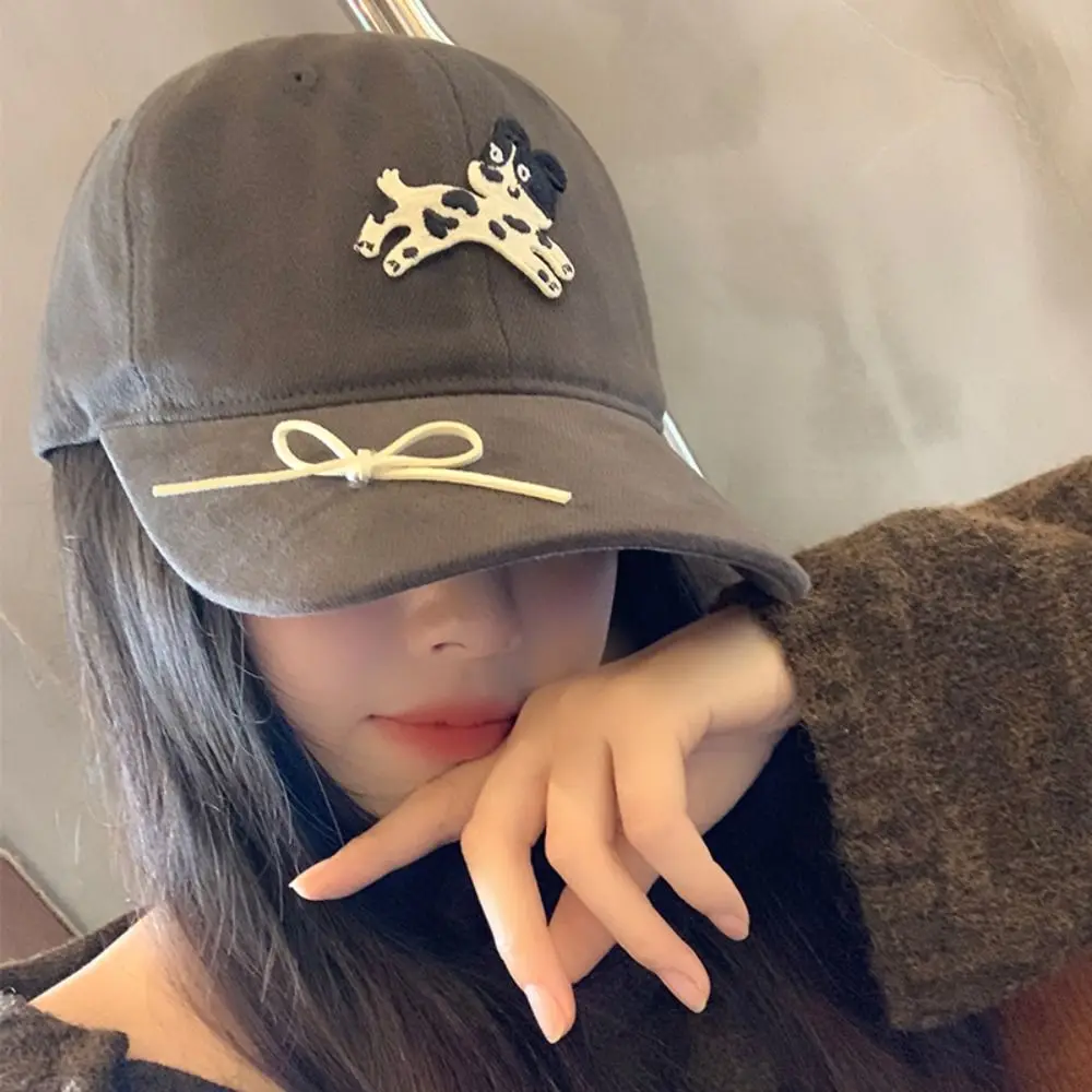 Fashion Spotted Puppy Embroidery Baseball Cap Bow Sunscreen Sun Hat Visors Korean Style Peaked Cap Sports