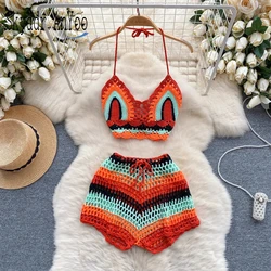 Boho feminino de malha Halter Top e Drawstring Shorts, ternos sexy de duas peças, conjuntos de praia Holiday Vintage, 2 peças