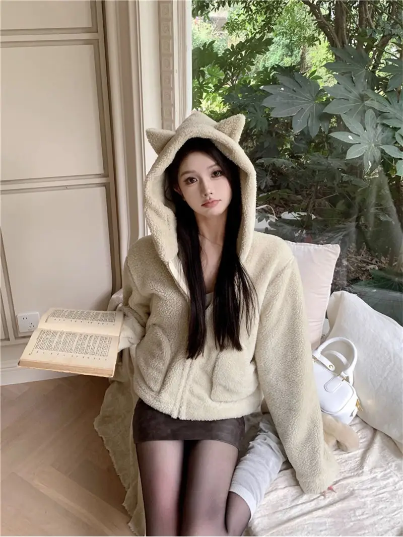 Sweet Style Lamb Fleece Hooded Long Sleeved Sweatshirt Jacket New Cute Soft Loose and Thick Top for Women