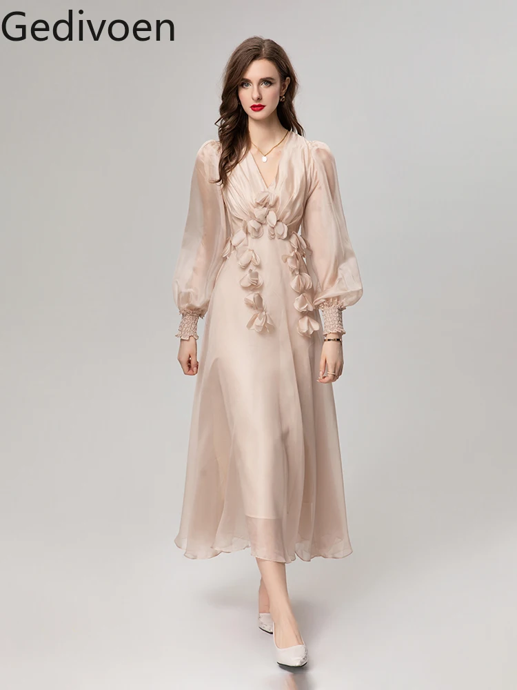 

Gedivoen Fashion Designer Spring Women's Dresses Lantern Sleeve Solid Three-dimensional Decoration Office Lady A-LINE Dress