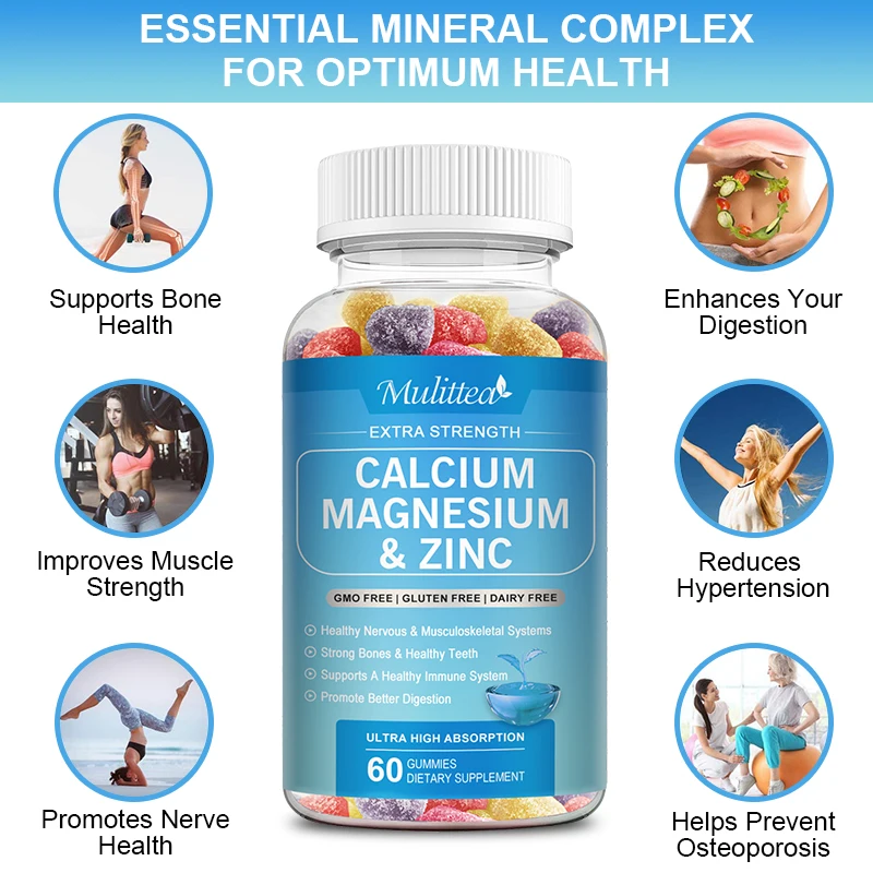 Mulittea Calcium Magnesium and Zinc Gummies Strong Bones Teeth Heart Nerve Health Increase Immune System Function Supplement